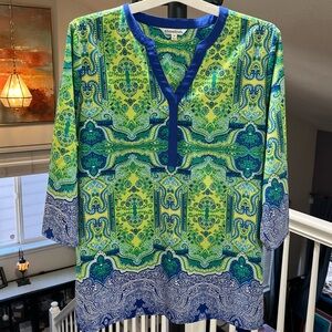 Like New TravelSmith Green and Blue 3/4 Sleeve Resort Wear Tunic Size 2X